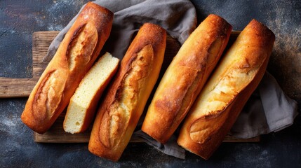 Close up of four loaves of bread on a wooden board. The bread is golden brown and he is freshly baked. Concept of warmth and comfort, as the bread is a staple food in many cultures