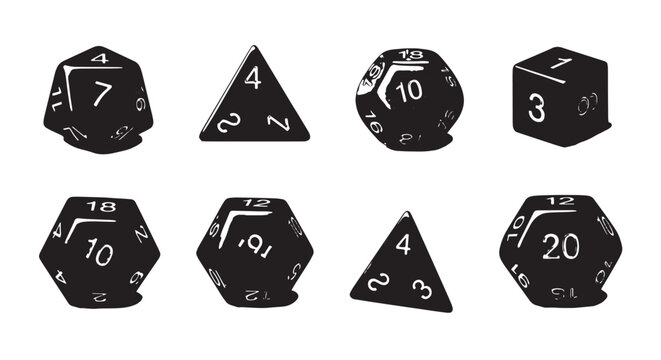 Collection of black polyhedral dice with white pips for tabletop RPG games.