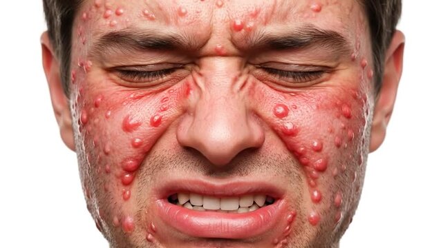 Close-up of man's face showing severe allergic reaction or urticaria