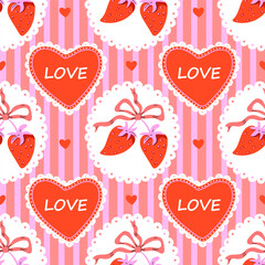 Seamless cute pattern with hearts  and strawberries on striped background in vintage style. Playful design in red and pink colors. Romantic background, perfect for Valentine's Day, wrapping paper, etc