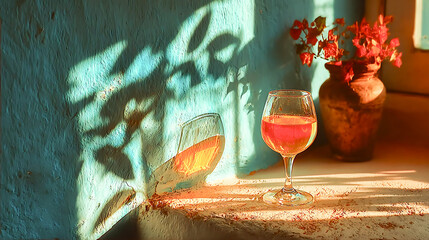 A sunlit still life featuring a glass of ros&eacute; wine on a rustic surface, with warm light casting soft shadows on a textured turquoise wall and a clay vase with flowers in the background.