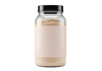 Clear plastic supplement jar, matte black cap, light beige powder, blank label, isolated on transparent background, copy space. Product branding mockup concept
