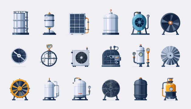 A collection of various industrial machinery and equipment icons, including tanks, compressors, fans, heat exchangers, and other factory components.
