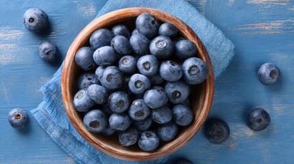 A bowl filled with fresh blueberries is resting on a blue cloth. Some blueberries are scattered around the bowl. Sunlight brightens the kitchen area.