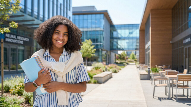 Applying university. Happy young African American girl student portrait. Smiling woman standing outside uni campus holding notebooks looking at camera outdoors. Studying abroad concept. Copy space