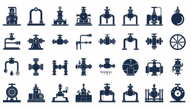 A comprehensive collection of industrial valve and pipe fitting icons in a dark silhouette style on a white background, representing various control and connection elements.