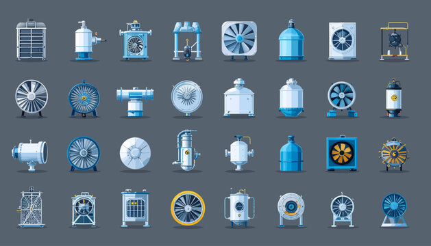 A comprehensive collection of industrial ventilation, heating, and cooling equipment icons, featuring various fans, grilles, tanks, and processing units in a modern flat design style.