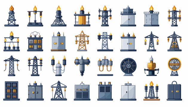 A collection of pixel-art style icons depicting various electrical power generation, transmission, and distribution infrastructure elements.