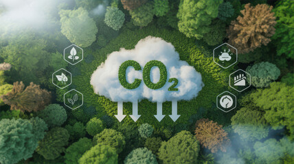 Carbon dioxide cloud hovering over a lush forest with environmental icons symbolizing sustainability and ecological balance
