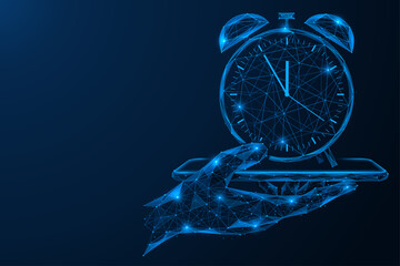 Digital time control. The hand is holding a smartphone with an alarm clock on it. The concept of time control, deadline, process and resource management.Polygonal design, blue background.