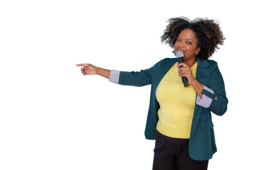 African american woman talking into microphone, pointing, giving speech, speaker presenting ideas, transparent background