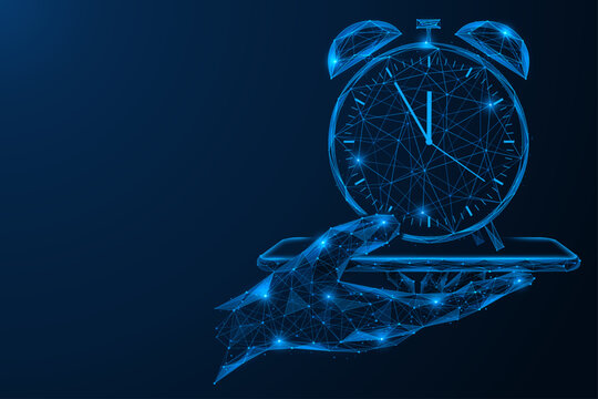 Digital time control. The hand is holding a smartphone with an alarm clock on it. The concept of time control, deadline, process and resource management.Polygonal design, blue background.