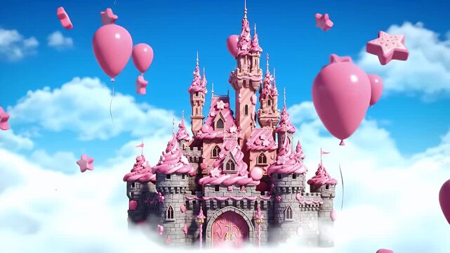 Floating Pink Fairy Tale Castle Among Clouds Surrounded by Pink Balloons