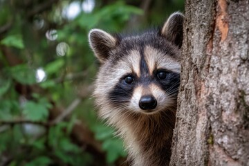 Curious raccoon peeking from behind a tree