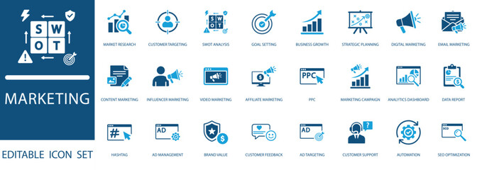 Naklejka premium Digital marketing icon set featuring SWOT analysis, SEO, social media, data analytics, and advertising icons for web and graphic design.