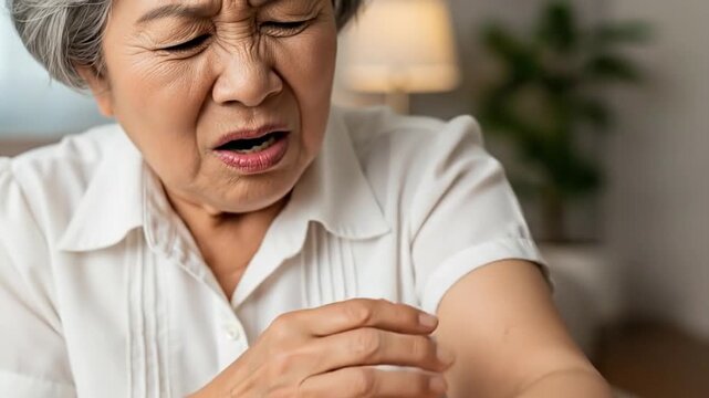 Elderly Asian woman scratching itchy rash on her sensitive arm skin.