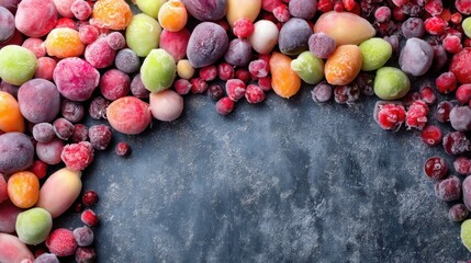 Bunch of frozen fruit on a counter. The fruit is mostly red and green. The fruit is frozen and has a cold, icy appearance