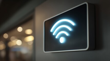 Illuminated wireless Wi-Fi icon with curved signal lines is displayed on a dark panel in modern tech interior. Connectivity sign suggests internet access, wireless hotspots, and digital infrastructure