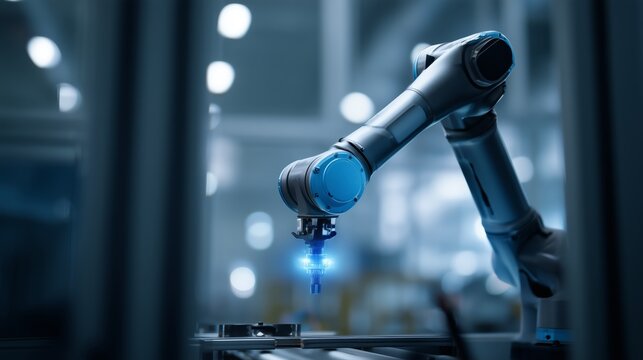 Close-up of a robotic arm performing precision tasks with a glowing blue tool in a high-tech manufacturing setting. Automation visual represents industrial robotics and smart production systems.