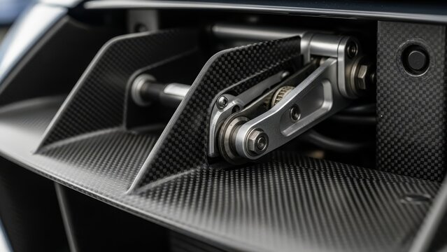 Close-up of active aerodynamic car wing actuator mechanism
