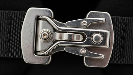 Close-up macro of a polished metal quick-release buckle on a black strap