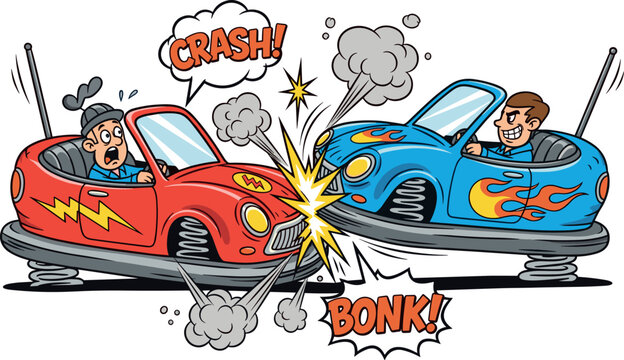 Two cartoon bumper cars collide with a loud crash on transparent background