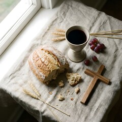 Rustic Holy Communion Still Life with Bread Wine and Wooden Cross by Window
