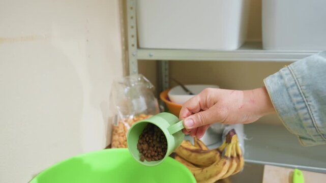 hand placing green scoop into storage bins, white plastic containers on metal shelf with ivy string lights, denimsleeved person organizing bulk cereal and canisters for neat kitchen pantry and refill