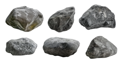 Six assorted grey stones rock pebble isolated on a transparent background