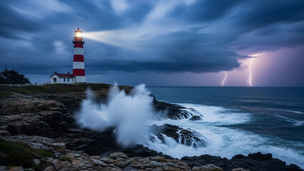 Dramatic landscape photograph of a rugged coastal cliff with a lighthouse and crashing waves at dusk.
