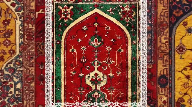 Intricately patterned Persian-style prayer rug with a red central arch and ornate multi-colored borders