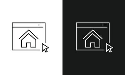 Online Real Estate Website Icon Set, Digital Property Listing Browser Window with Cursor and Open House Hanging Sign Line Art for Mortgage, Brokerage, and Home Search Apps