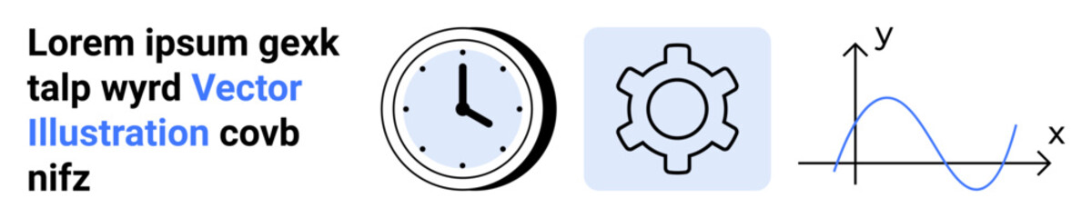 Clock symbolizing time management, gear for process automation, and graph for data analysis or tracking trends. Ideal for productivity, efficiency, strategy, planning, data visualization, workflow