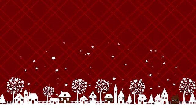 Winter scene with white houses and trees on red plaid background with hearts.
