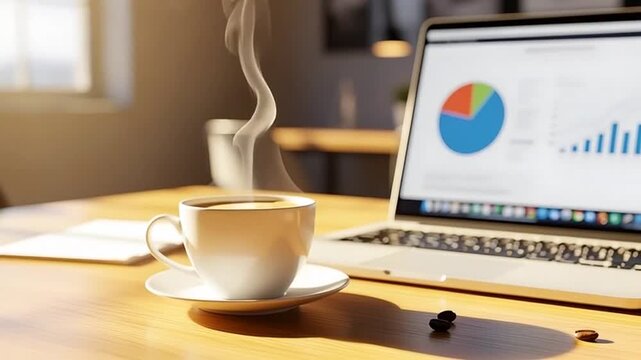 Steaming coffee cup on wooden desk beside laptop displaying colorful graphs in a modern office environment.
