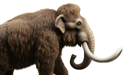 Obraz premium Woolly mammoth with thick fur and curved tusks, scientifically accurate reconstruction. Isolated on White background