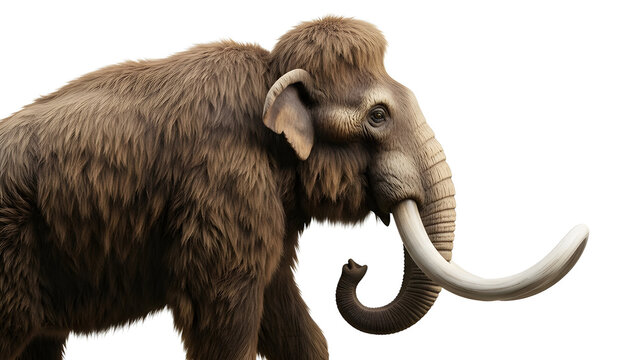 Woolly mammoth with thick fur and curved tusks, scientifically accurate reconstruction. Isolated on White background