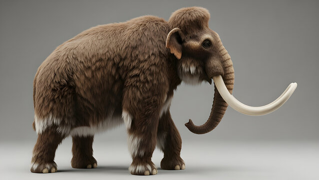 Woolly mammoth with thick fur and curved tusks, scientifically accurate reconstruction. Isolated on White background