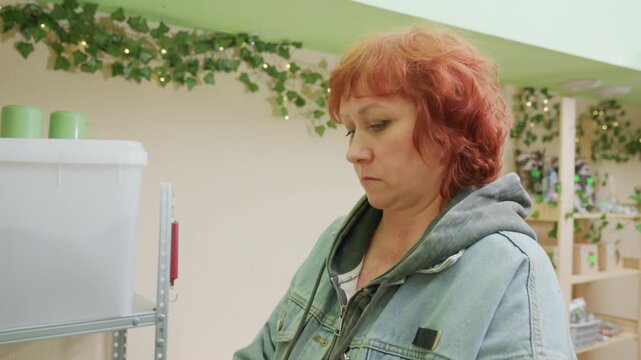 woman in storage room examining inventory, red hair in denim jacket, surrounded by shelves and plastic bins, ivy and soft lighting, counting supplies, checking labels, focused small business worker
