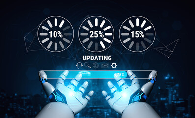 An AI system update and machine learning model training. A progress bar and loading icons showing the AI update percentage and status. Motif