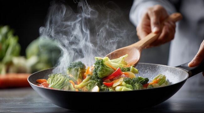 Un chef cuisinant des l&eacute;gumes dans une po&ecirc;le, de la vapeur s'&eacute;chappant, m&eacute;lange color&eacute; de brocolis, de poivrons rouges, de carottes s'entrem&ecirc;lant pour cr&eacute;er un plat exotique et di&eacute;t&eacute;tique.