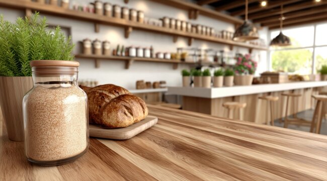 Un plan de travail en bois dans une cuisine moderne, chaleureuse et lumineuse avec au premier plan, un bocal en verre rempli de sucre roux, du pain et une plante verte, arri&egrave;re-plan fou.