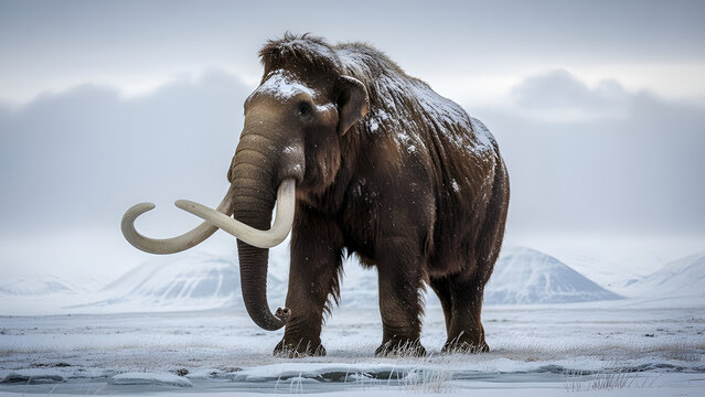 Woolly mammoth standing in icy tundra landscape under cold natural light.