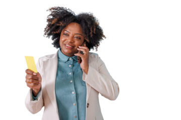 Black woman making a phone call holding credit card doing online transaction on transparent background