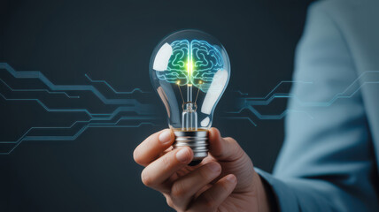 Closeup of a hand holding a light bulb with a vibrant brain illustration, signifying technological advancement and new concepts