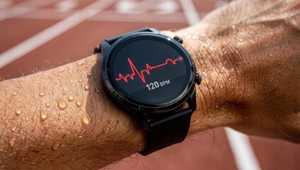 Fototapeta premium Runner Checking Heart Rate on Smartwatch after Workout. Represents fitness technology, wearable device, and health tracking.