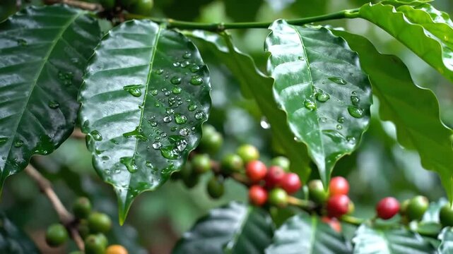Lush Coffee Plant Leaves and Ripening Berries After a Refreshing Rain Shower.