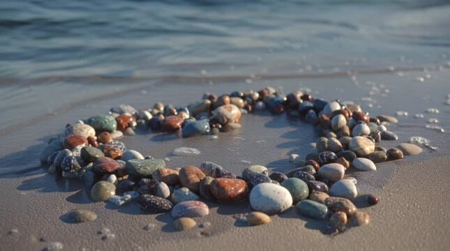 People on the beach enjoy a summer vacation on the sandy coast where ocean waves wash over smooth stones and pebbles along the scenic nature shoreline under a clear sky