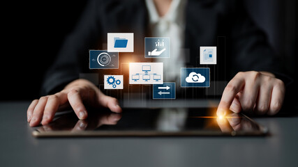 Digital business infrastructure with data system, analytics, sync. System management improves access, system management ensures performance, and system management supports digital operations. Latch