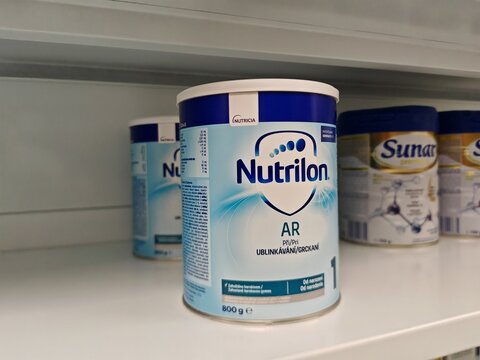 Prague,Czech Republic-14.01.2026: Nutrilon AR 1 infant formula by Nutricia Danone for infants from birth, designed for dietary management of regurgitation using thickened formula to support digestion 